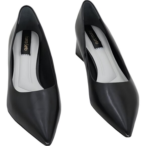 Franco Sarto Racer Pump Black Leather Pointed Toe Block Heel Dress Shoes 8.5M - Picture 1 of 6